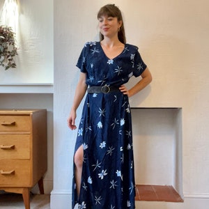 Women&#39;s Vintage 1990s Blue Floral Patterned Maxi Dress with Split, UK 12-14