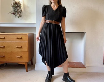 Women's Vintage Black Sexy 1980s A-symmetrical Pleated Midi Dress, UK 10-12