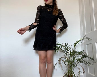 Vintage Black Gothic Lace Sexy Halloween Witch Mini Dress Costume, UK 6-8