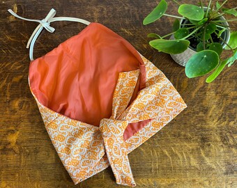 Up Cycled 1970s Vintage Orange and Cream Backless Halter Top with Ties, UK 8