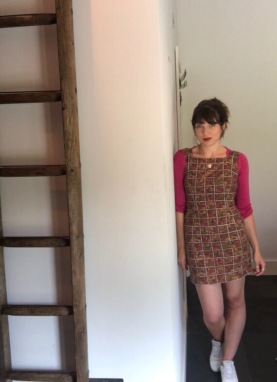 Vintage 1960s/1970s Floral Brown Pencil Mini Shift Dress, UK 4/6