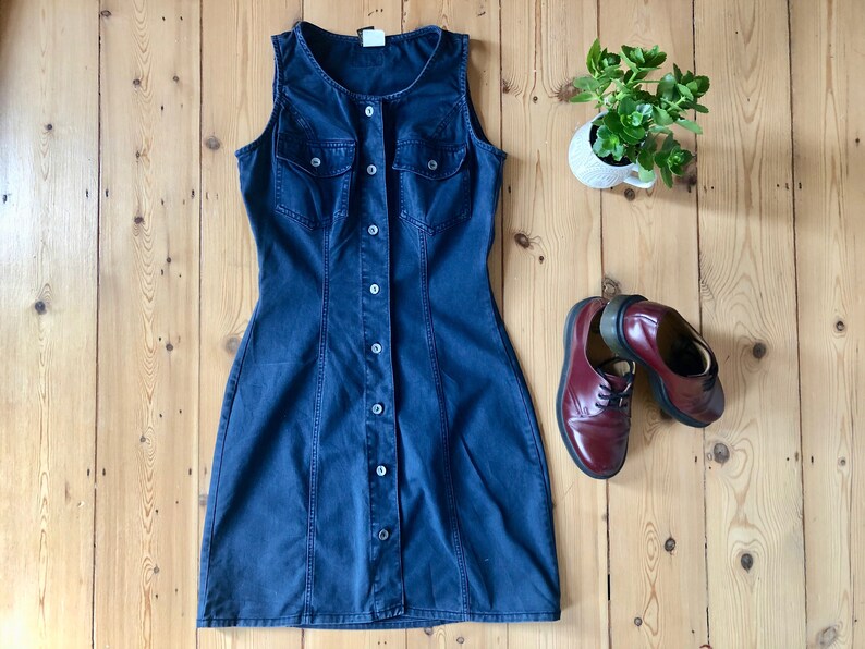Womens Vintage 1990s Denim Calvin Klein Mini Button Dress UK image 2
