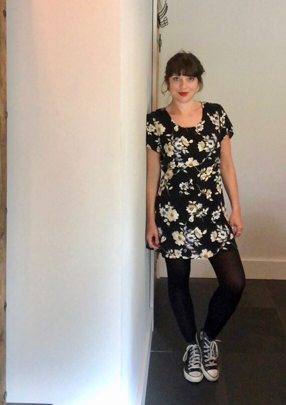 Vintage 1990s Black and Cream Floral Goth Mini Dress, UK 10-12 Vintage 1990s Black and Cream Floral Goth Mini Dress, UK 10-12