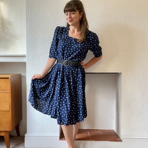 Vestido de día vintage de los años 80 con lunares en azul marino y blanco para mujer, UK 40