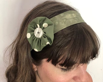 Green Cotton Up Cycled Floral Button Headband