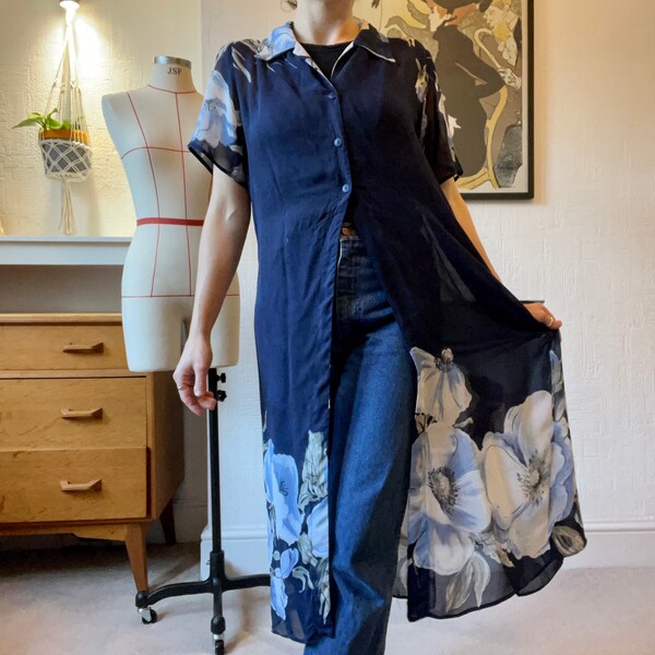 Vintage 00s Blue Navy floral Oversized shirt/ Dress, UK 12-14