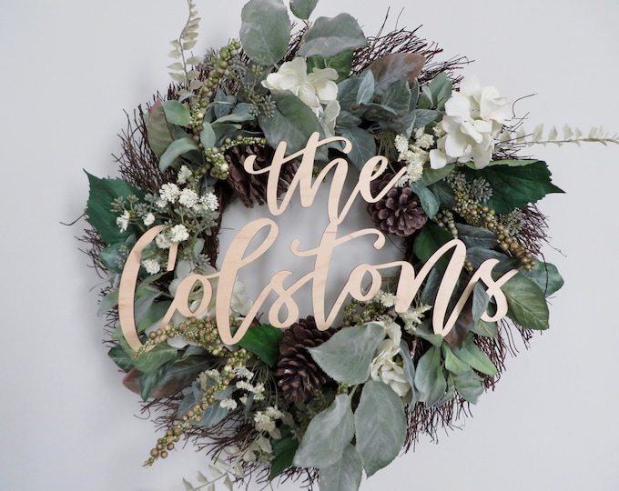 Custom Calligraphy Cutout Sign // Family name, wreath decor, hand lettered, last name sign, personalized decor, wedding gift, engagement