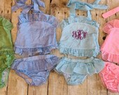 Girls Two Piece Monogrammed Swimsuit Seersucker Swim Suits Bikini Swimsuit Lavender Lime