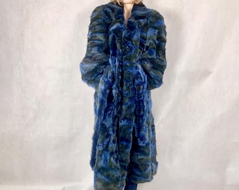 Real Fox Coat/ Vintage Fur Coat/SIZE: LARGE-XL/Long Blue Winter Coat /Full Length Preloved Fur Coat / Tie Belt Maxi Coat/ Man fur coat/