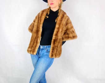 Vintage Honey Brown Mink Fur Stole: 6-Tier Evening Wrap