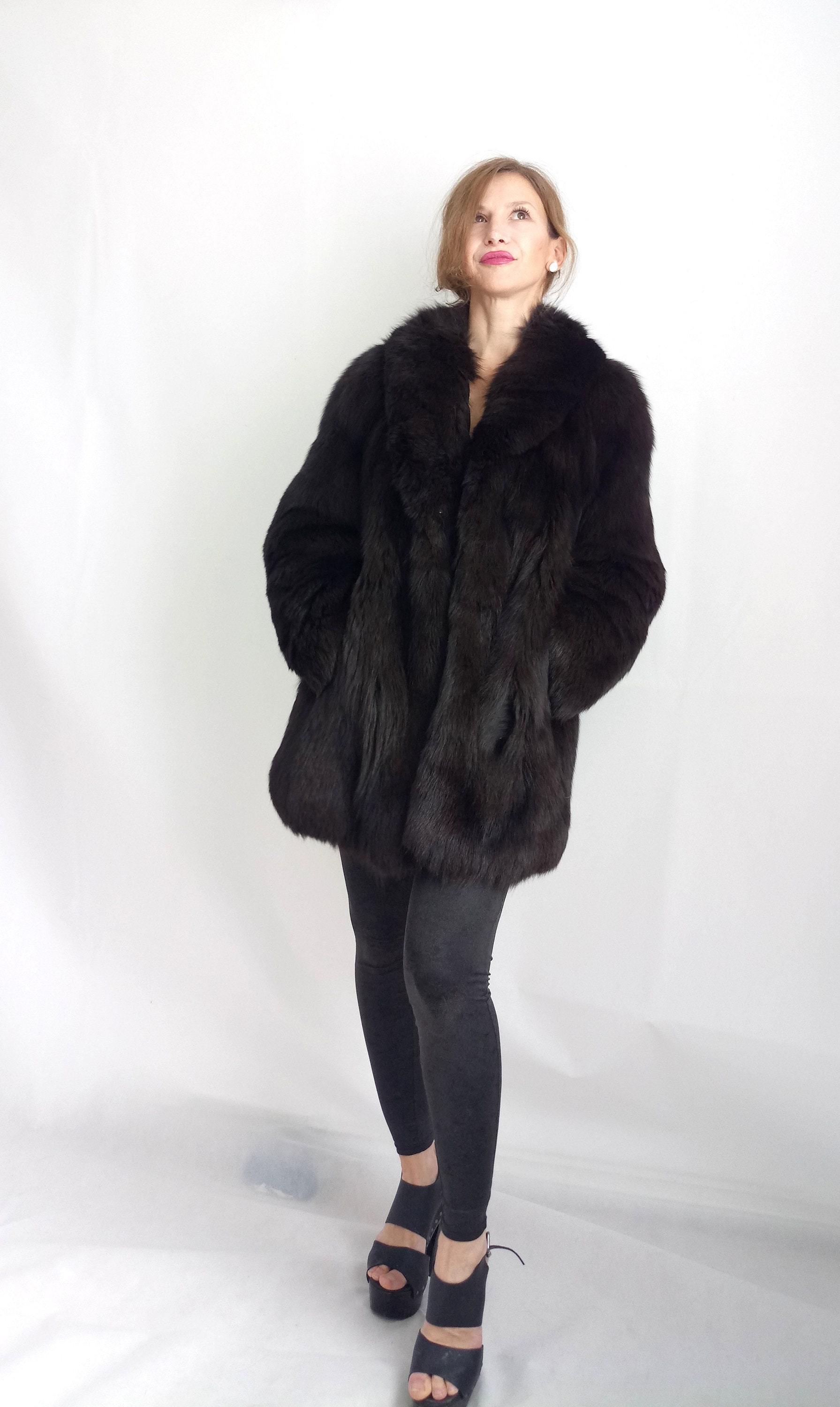Real Fur Coat Woman. Real Fox Fur Coat/ Black Fox Coat/ Real Etsy UK