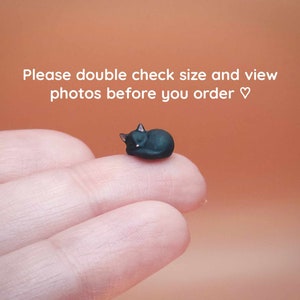 Puede incluir: Una pequeña figura de gato negro, acurrucada en posición de dormir. El gato está descansando sobre un dedo, con el texto "Please double check size and view photos before you order" en blanco. El fondo es naranja liso.