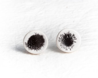 Black and White Small Ceramic Earrings Silver Stud Handmade Round Shape Graphic watercolor effect Gift by Iana Kaisheva