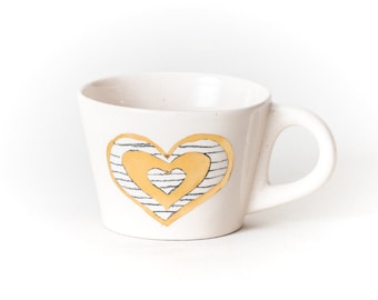 Gold Heart Ceramic White Cup with Black Pencil Lines Coffee Cappuccino Cup Handmade by Iana Kaisheva