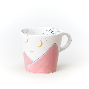 Pink White Ceramic Cup Drawing Mountain with ceramic crayon GOLD moon and birds White matt SKY Mountain Handmade by Iana Kaisheva