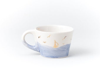 Ceramic Cup GOLD Flying Gulls, Sun and Boat on the Sea White Clay Coffee cup Watercolor Style sea Handmade by Iana Kaisheva