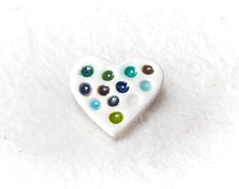 Small Heart Ceramic Brooch Dots Handmade Cold Colors Dots Pin Heart Shape Brooch by Iana Kaisheva