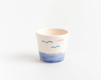 Shot Ceramic Cup Flying Gulls and Sea Water Tequila shot or Italian Coffee Blue Purple Small cup Handmade by Iana Kaisheva