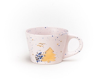 Ceramic White Cup Snow Gold Pine Tree Coffee Cappuccino Mug White Matt Glaze Blue Dots Handmade by Iana Kaisheva