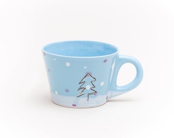 Blue Ceramic Cup Black Pine Tree Snow Purple and White dots Coffee Tea Cup Clay Pastel Colors Mug Handmade by Iana Kaisheva