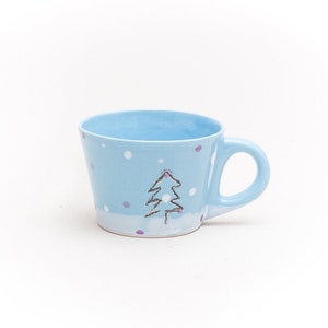 Blue Ceramic Cup Black Pine Tree Snow Purple and White dots Coffee Tea Cup Clay Pastel Colors Mug Handmade by Iana Kaisheva image 1