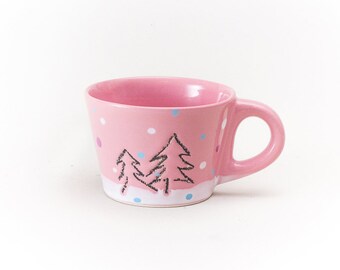 Pink Ceramic Cup Black Pine Tree Snow Blue and White dots Coffee Tea Cup Clay Pastel Colors Mug Handmade by Iana Kaisheva