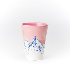 Pink Ceramic Cup Crayon Drawing Mountain pink Sky GOLD moon and birds Handmade by Iana Kaisheva image 3