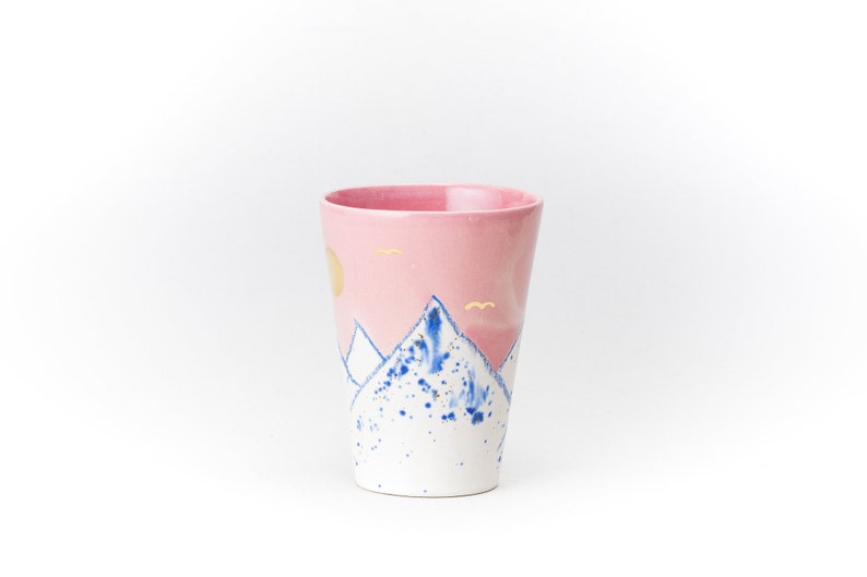 Pink Ceramic Cup Crayon Drawing Mountain pink Sky GOLD moon and birds Handmade by Iana Kaisheva image 3