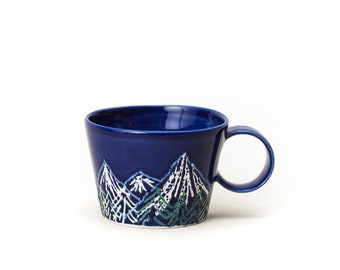 Dark Blue Mountain Ceramic Cup Mountain Crayon Drawing Blue Green White Dark Blue Coffee Cup Handmade by Iana Kaisheva