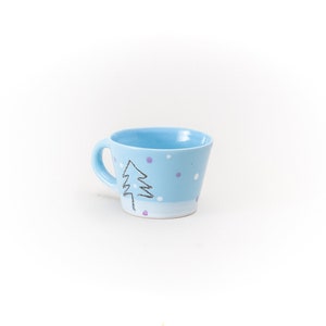 Blue Ceramic Cup Black Pine Tree Snow Purple and White dots Coffee Tea Cup Clay Pastel Colors Mug Handmade by Iana Kaisheva image 5