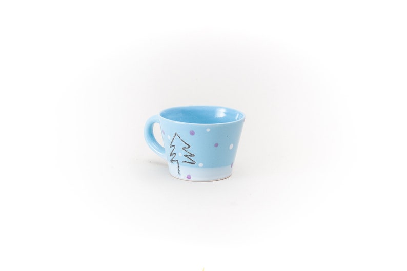 Blue Ceramic Cup Black Pine Tree Snow Purple and White dots Coffee Tea Cup Clay Pastel Colors Mug Handmade by Iana Kaisheva image 5