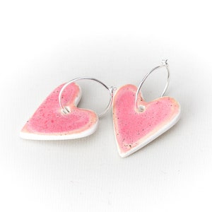 PINK Heart Ceramic Earrings Handmade Jewelry Silver Earring Hoop Pink Heart Ceramic Earrings by Iana Kaisheva image 2