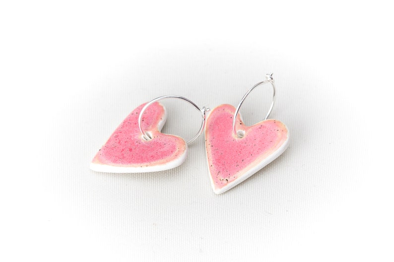 PINK Heart Ceramic Earrings Handmade Jewelry Silver Earring Hoop Pink Heart Ceramic Earrings by Iana Kaisheva image 2