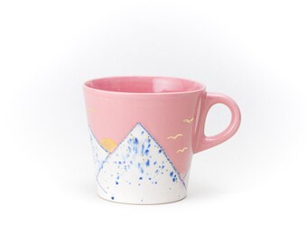 Pink Ceramic Cup Coffee Latte cup Drawing Mountain with ceramic crayon GOLD moon and birds Handmade by Iana Kaisheva