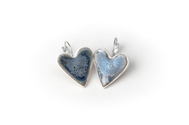 Blue Heart Ceramic Earrings Handmade Porcelain Jewelry Love Unique Metal Blue Glaze Heart Shape Ceramic Earrings by Iana Kaisheva image 3