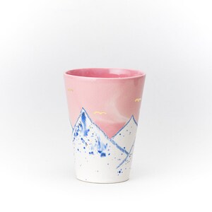 Pink Ceramic Cup Crayon Drawing Mountain pink Sky GOLD moon and birds Handmade by Iana Kaisheva image 4