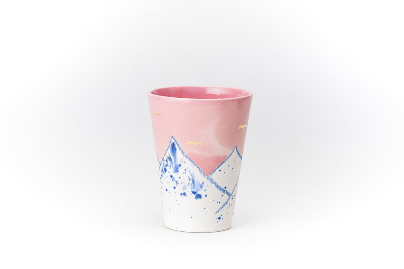 Pink Ceramic Cup Crayon Drawing Mountain pink Sky GOLD moon and birds Handmade by Iana Kaisheva image 4