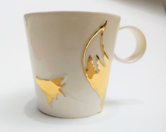 White Ceramic Cup GOLD Fox tail Coffe Tea cup Porcelain embossed cup White Handmade by Iana Kaisheva