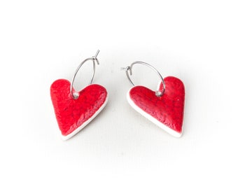 Red Heart Ceramic Earrings Handmade Jewelry Stainless steel Earring Hoop Red Heart Ceramic Earrings by Iana Kaisheva