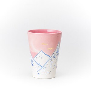 Pink Ceramic Cup Crayon Drawing Mountain pink Sky GOLD moon and birds Handmade by Iana Kaisheva image 5