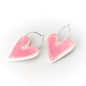 PINK Heart Ceramic Earrings Handmade Jewelry Silver Earring Hoop Pink Heart Ceramic Earrings by Iana Kaisheva image 3