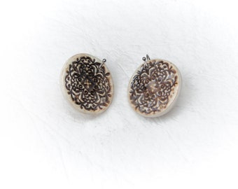 Brown Mandala Ceramic Earrings Handmade Jewelry Metal brown Print of Lace  Ceramic jewelry by Iana Kaisheva