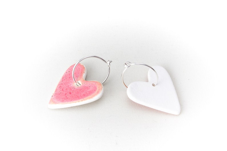 PINK Heart Ceramic Earrings Handmade Jewelry Silver Earring Hoop Pink Heart Ceramic Earrings by Iana Kaisheva image 4