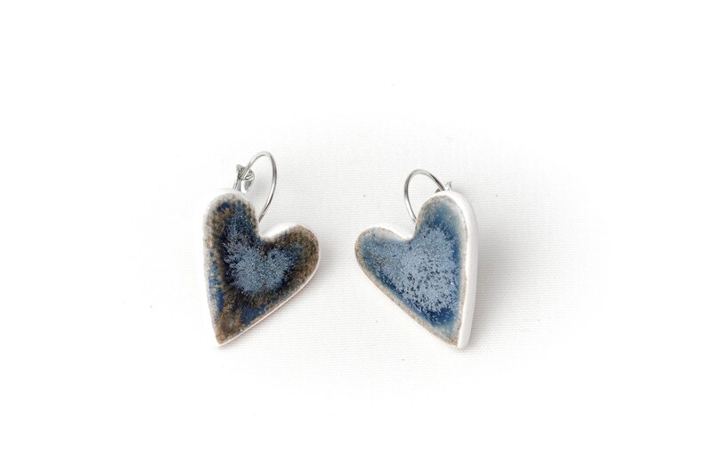 Blue Heart Ceramic Earrings Handmade Porcelain Jewelry Love Unique Metal Blue Glaze Heart Shape Ceramic Earrings by Iana Kaisheva image 4