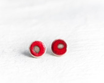 Red Ceramic Earrings with Gray Dot Small Earrings Silver Stud Tiny Effect Red Glaze ceramic earrings  by Iana Kaisheva