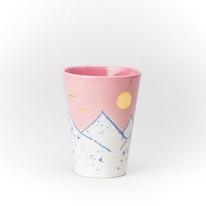 Pink Ceramic Cup Crayon Drawing Mountain pink Sky GOLD moon and birds Handmade by Iana Kaisheva image 7