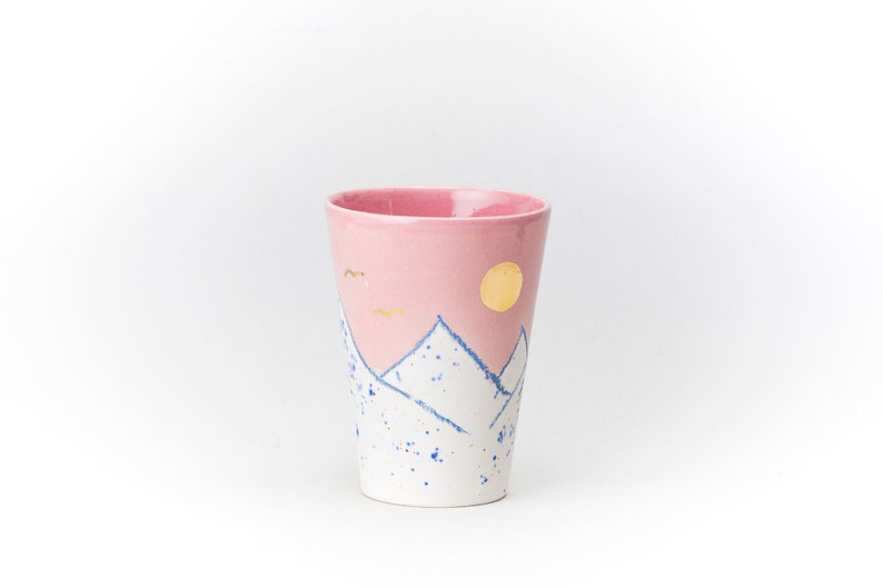 Pink Ceramic Cup Crayon Drawing Mountain pink Sky GOLD moon and birds Handmade by Iana Kaisheva image 7