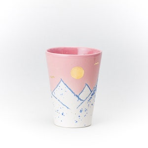 Pink Ceramic Cup Crayon Drawing Mountain pink Sky GOLD moon and birds Handmade by Iana Kaisheva image 1