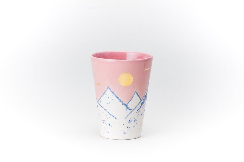 Pink Ceramic Cup Crayon Drawing Mountain pink Sky GOLD moon and birds Handmade by Iana Kaisheva image 1