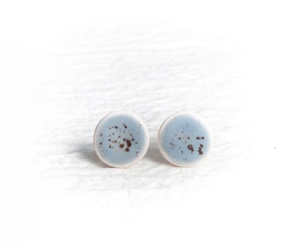 Blue Small Ceramic Earrings Silver Stud Earrings Round shape with little brown dots Gift for Her Ceramic Jewelry Iana Kaisheva